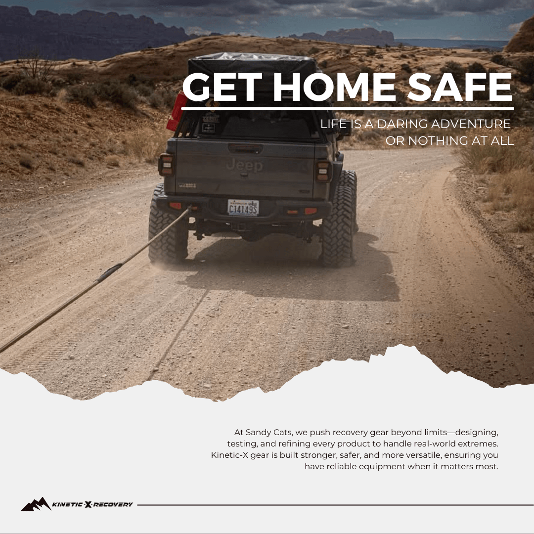 Jeep towing with a kinetic recovery rope on a dirt trail, featuring the Kinetic-X Recovery slogan 