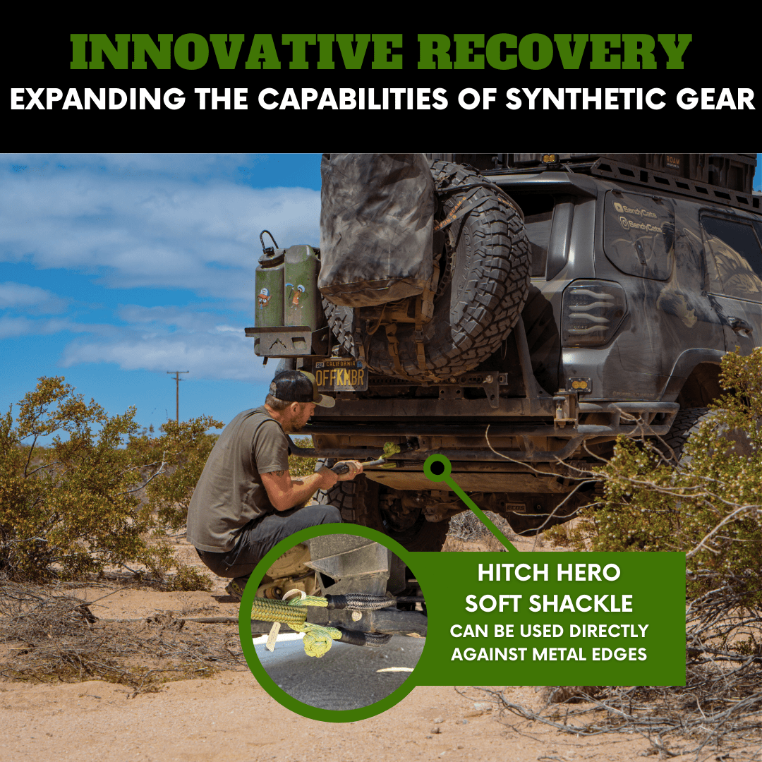 Man attaching a Hitch Hero Soft Shackle to a metal hitch receiver, demonstrating its safe use directly against metal edges with an overland rig in the background.