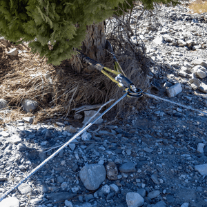 Tree saver bridle connected to synthetic winch line for off-road vehicle recovery on rocky terrain