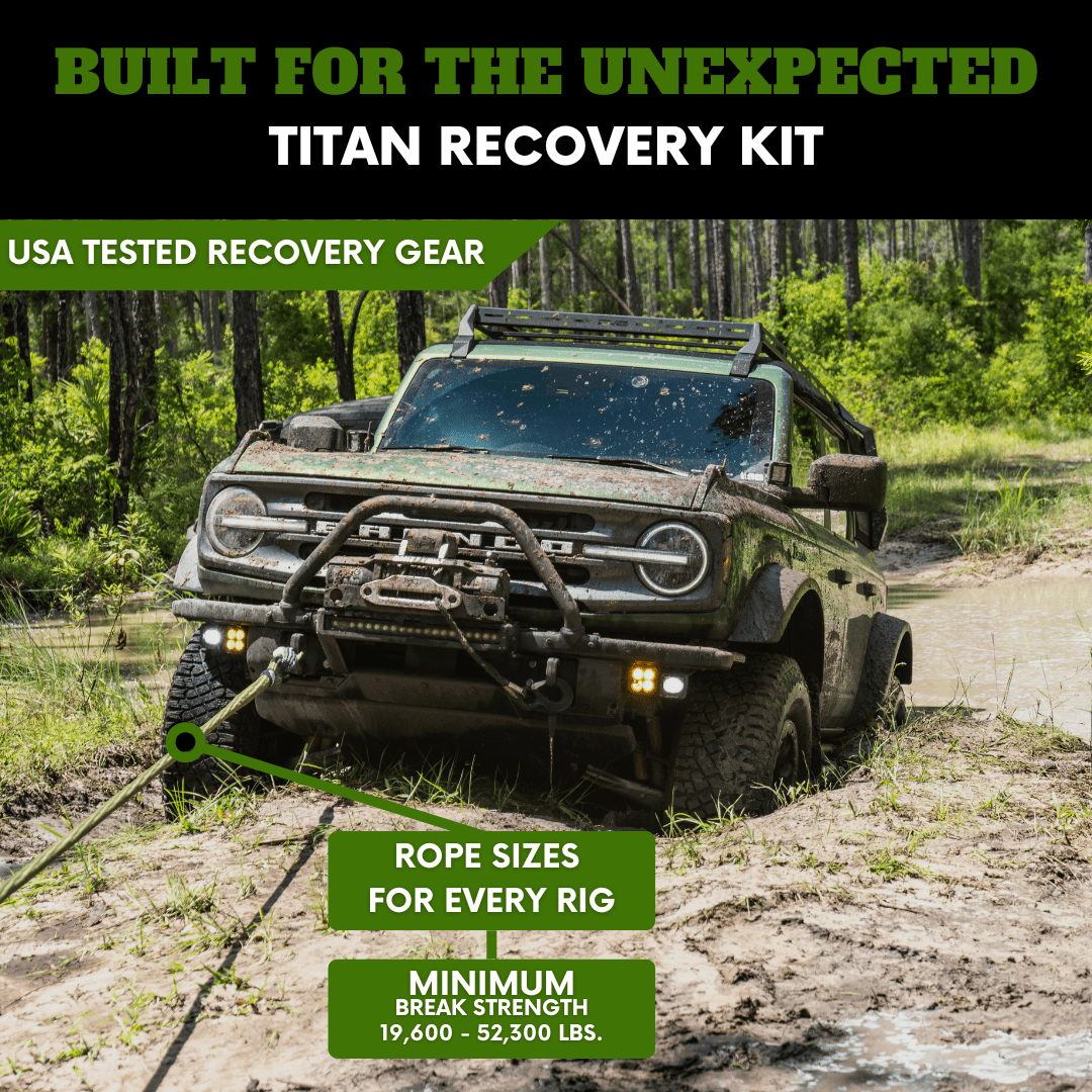 Bronco using Titan Recovery Kit in muddy terrain with tagline 